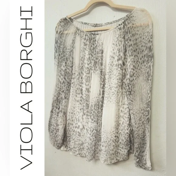 Viola Borghi 100% Silk Italian Cream White Black Gray Leopard Print Blouse S - Picture 2 of 6